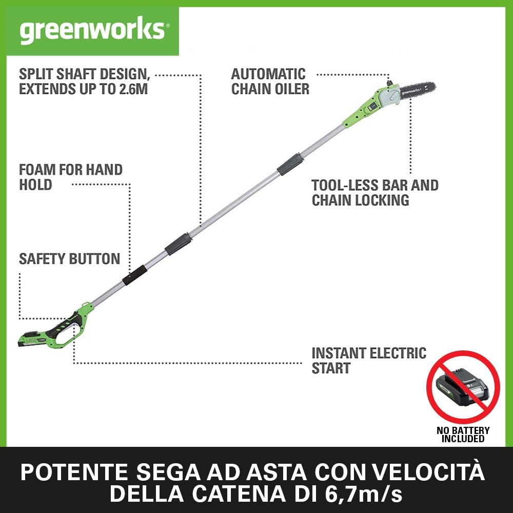Greenworks G24PS20 Sega Potatrice telescopico a Batteria, Lunghezza Barra 8 Pollice (20cm), Velocità Catena 6,7m/s, 3,2kg, Asta 2.6m, SENZA Batteria 24V e Caricabatterie, Garanzia 3 Anni