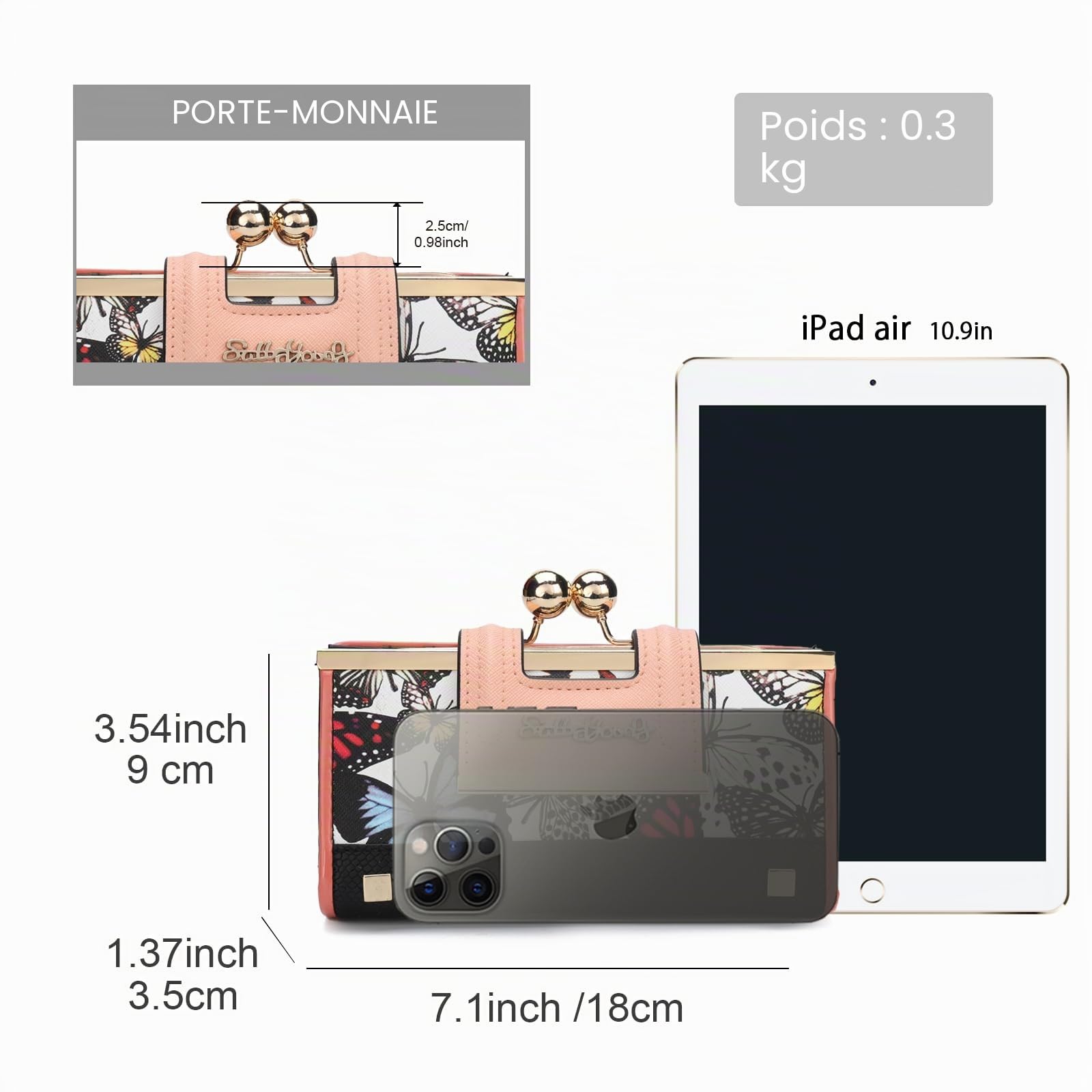 Gladdon Portefeuille Femme Élégant, 10 Emplacements Cartes avec Fenêtre Transparente, Fermoir Métallique, Poche à Pièces, Sac de Soirée, Motif Papillon sur Fond Blanc