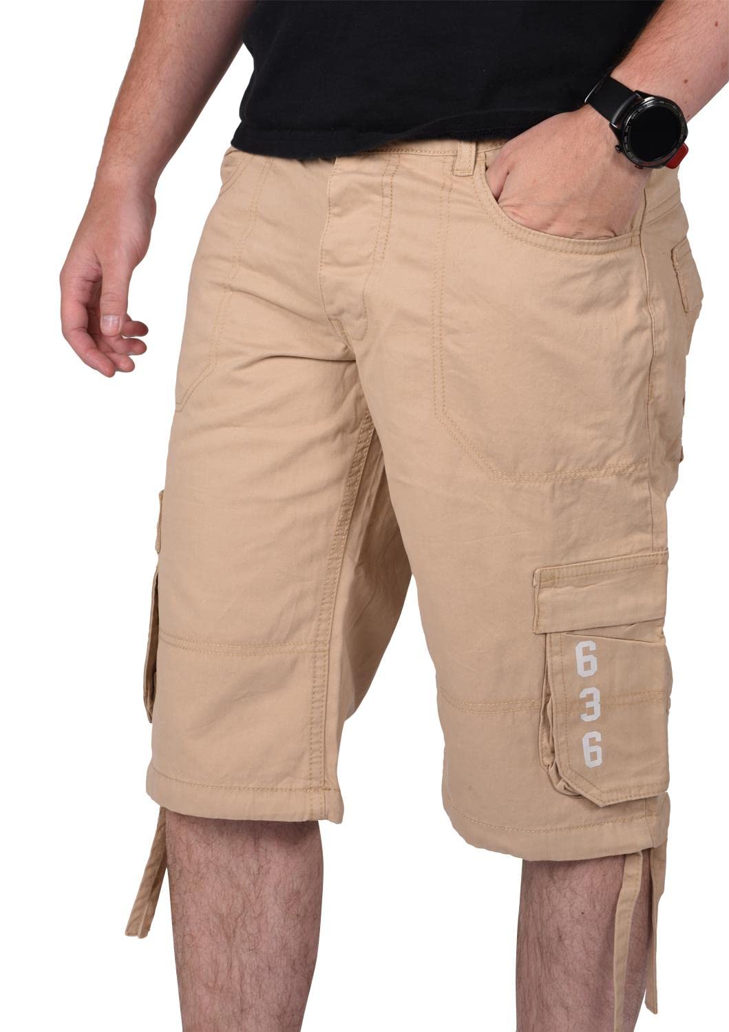 True Face Mens Shorts Cargo Pockets Denim Combat Chino Button Up Flat Front Army Workwear Knee Length Straight Leg Casual Summer Work Half Pants Bottom Size 32 Sand