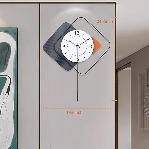 Miniatura 6 de Reloj de pared decorativo grande con péndulo para sala de estar, marco dorado con diseño de diamante, esfera blanca con acento naranja, silencioso