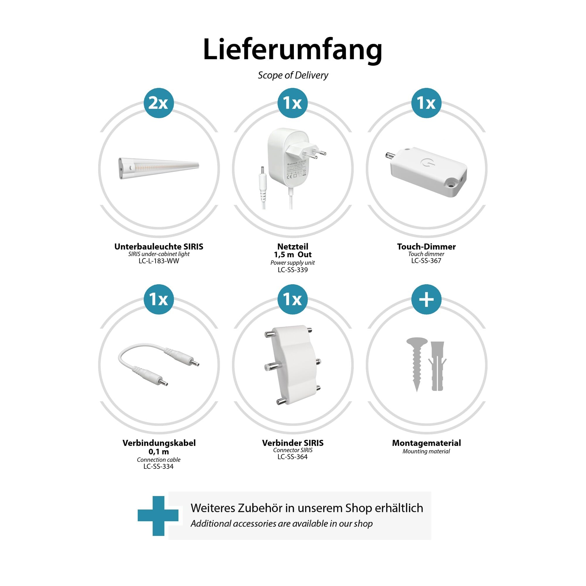 ledscom.de LED Unterbau-Leuchte SIRIS weiß matt mit Touch-Dimmer, flach, je 50cm, je 531lm, warm-weiß, 2er Set