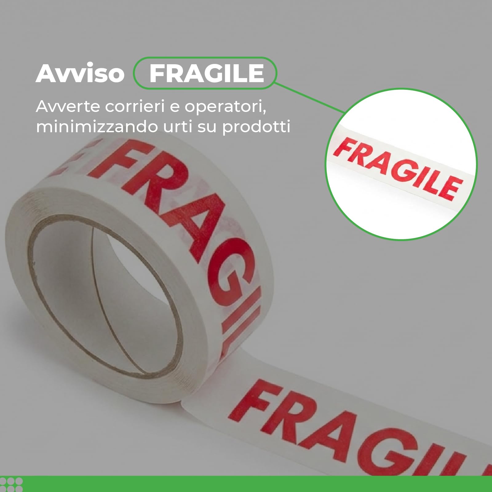Nastro Adesivo Fragile Stampato 50 mm x 132 m - Resistente Umidità e Freddo, Srotolamento Silenzioso, per Imballaggi Delicati e Spedizioni Sicure, 36 Rotoli