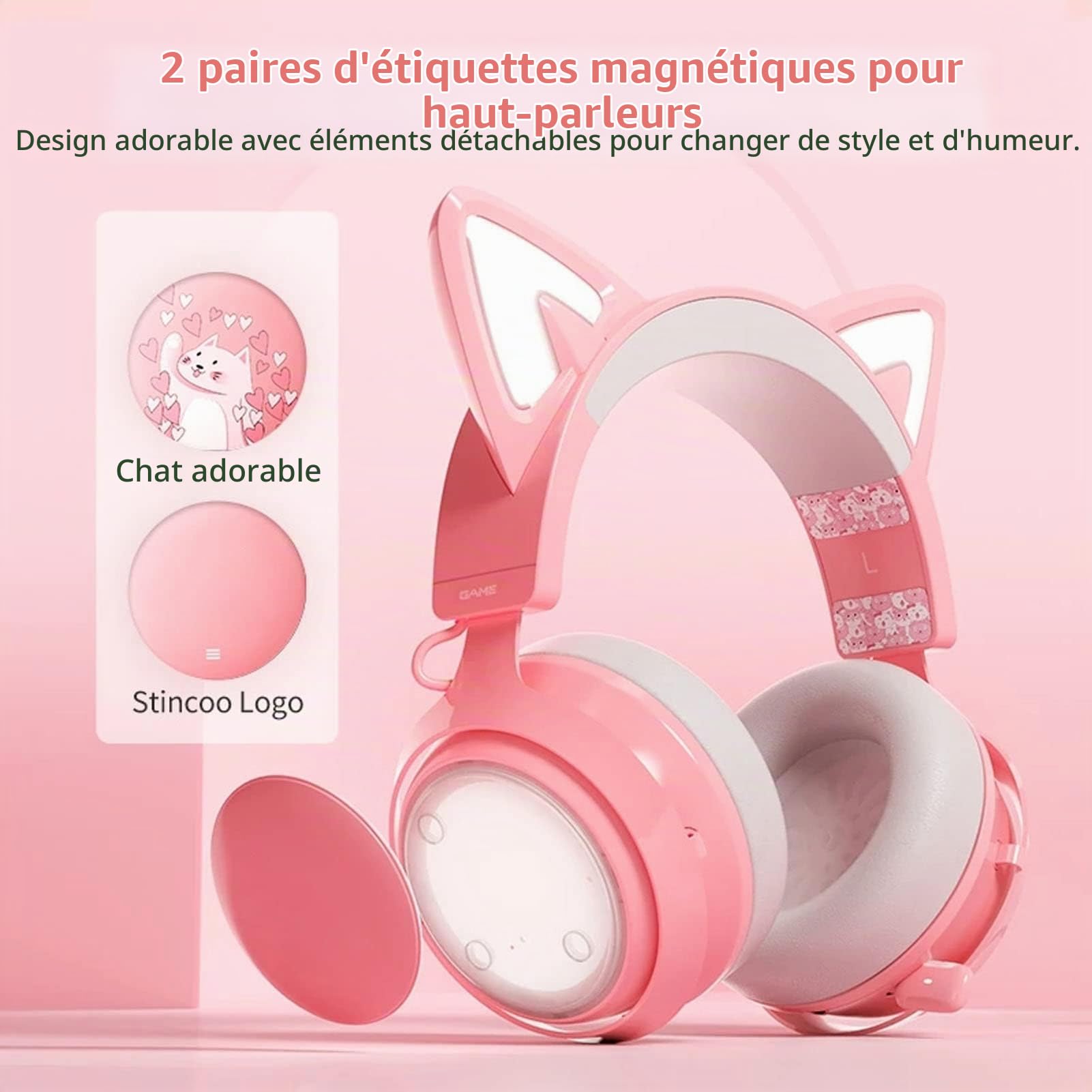 ASHATA Casque de Jeu Rose, Casque de Jeu Filaire USB Rose avec Oreille de Chat pour PC/MAC avec Suppression du Bruit Surround 7.1, Oreille de Chat et Micro Détachables,