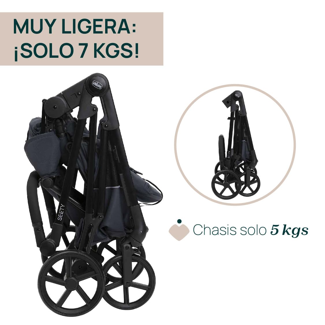 Chicco Trio Seety - Cochecito Seety con chasis ultraligero, capazo ancho acolchado y asiento de coche Kory Essential I-Size, sistema modular ligero y compacto, de 0 meses a 4 años