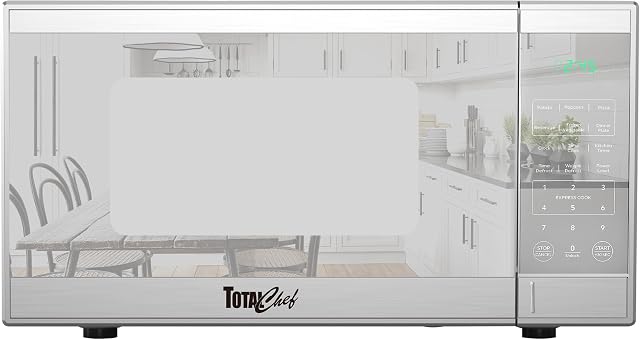 Total Chef Compact Countertop Microwave Oven, 900W, 0.9 Cubic Feet Capacity, Digital Touchscreen Controls, One-Touch Push-Button Opening, 6 Pre-Set Cooking Modes, Silver Stainless Steel