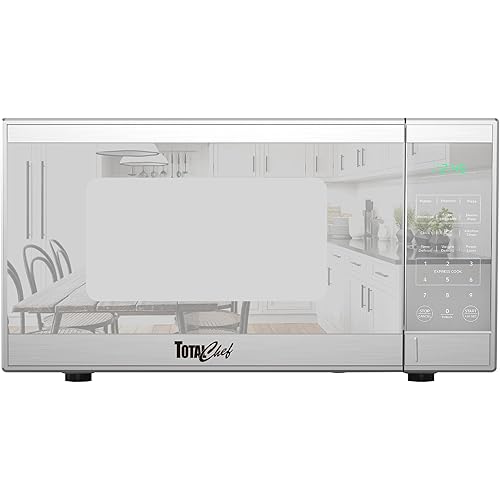 Total Chef Compact Countertop Microwave Oven, 900W, 0.9 Cubic Feet Capacity, Digital Touchscreen Controls, One-Touch Push-Button Opening, 6 Pre-Set Cooking Modes, Silver Stainless Steel