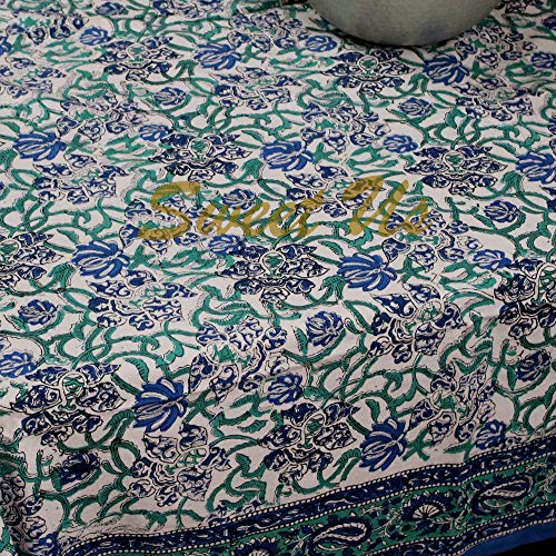 Homestead Block Print Blue Green Rectangle Tablecloth For Dining And Kitchen Cotton Paisley Floral Table Linen 60 X 90 Inches #TOP1