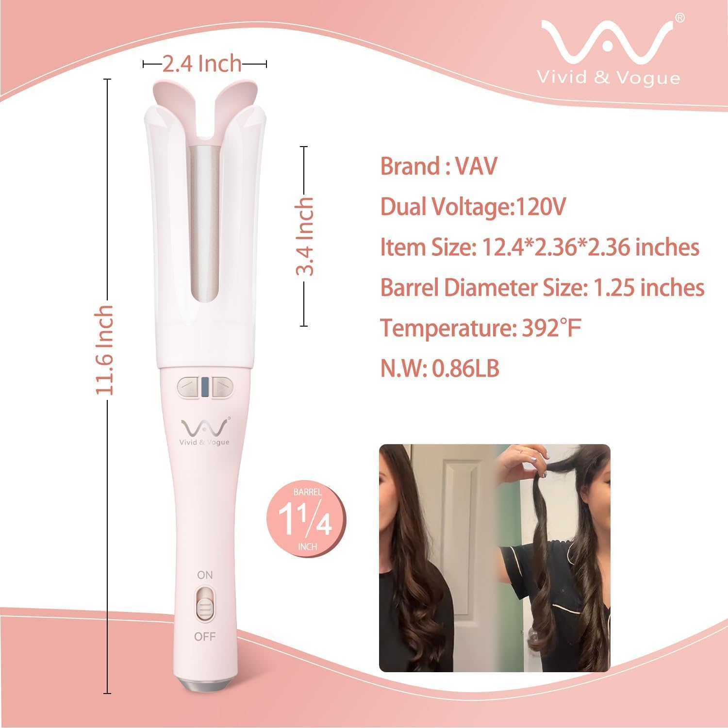 VAV Automatic Rotating Curling Iron for Medium to Long Hair - 1.25 Inch Curler Wand Creates Versatile Curls & Waves,Easy Use for Beginners (Pink)