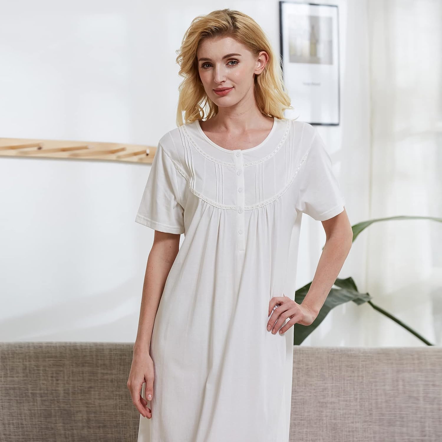 Keyocean Women Nightgowns, Soft 100% Cotton Lightweight Short Sleeve Night-dresses for Ladies - Image 8