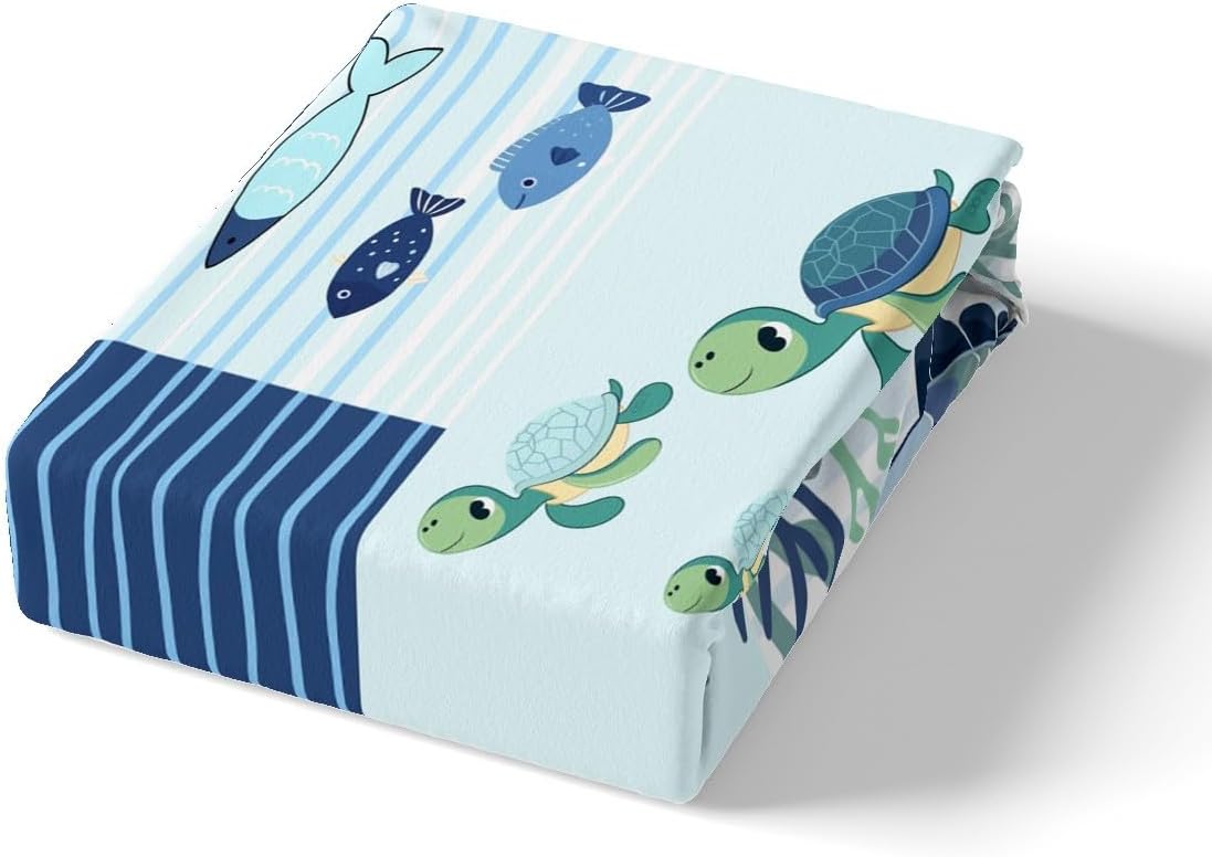 Cute Octopus Bedding Set Twin Size Navy and Blue Bed Set for Girls Teens Bedroom Decor Kids Underwater World Fitted Sheet Soft Microfiber Whale and Turtle Bed Cover(1 Fitted Sheet+1 Pillow Case)
