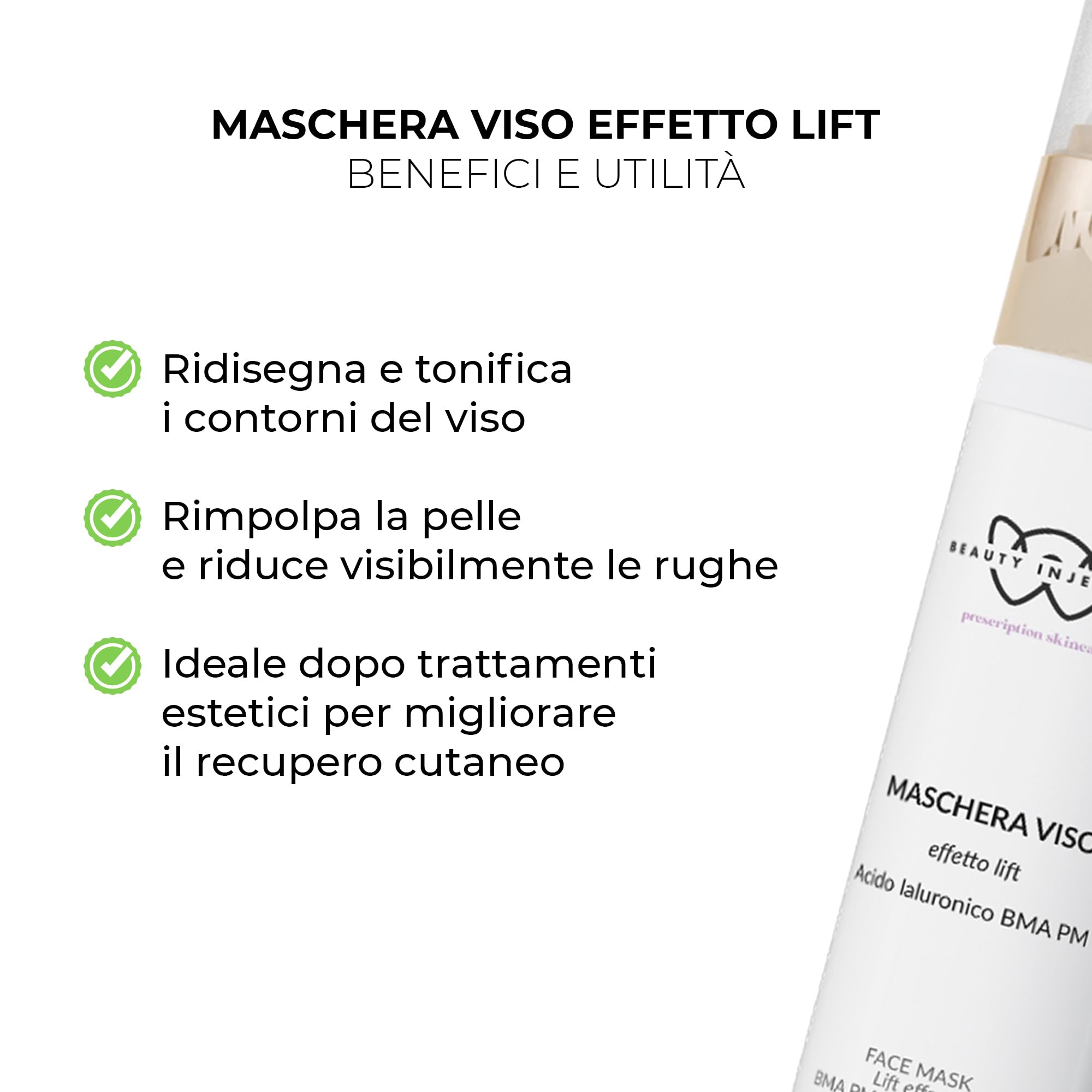 Wikirose Maschera Viso Effetto LIFT BMA PM Rimpolpante, Lifting e Idratante con Acido Ialuronico, Kigelia Africana, Oli Vegetali, Aloe Vera, Coenzima Q10, per Tutti i Tipi di Pelle, 50ml