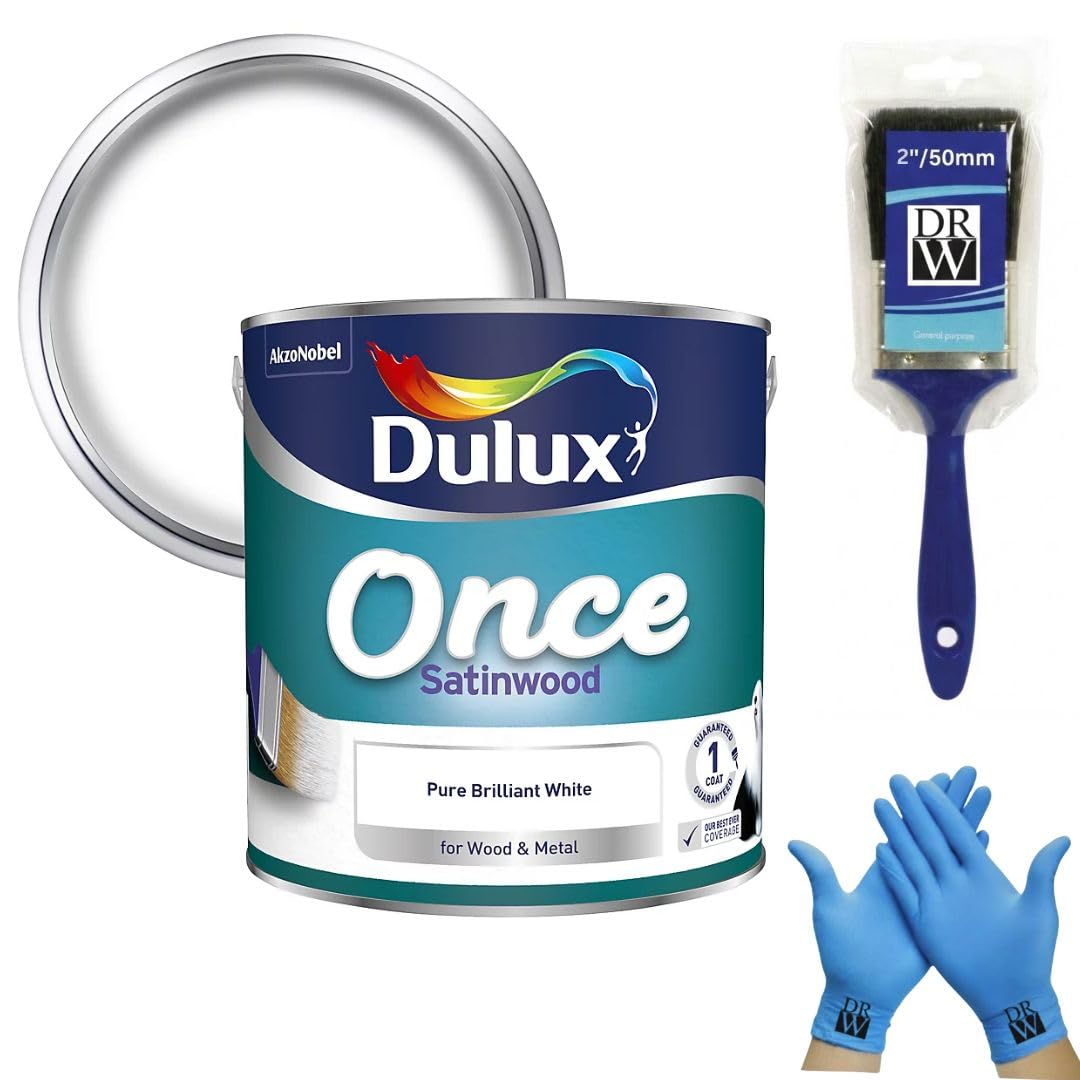SatinWood Once White 2.5L + 2" Brush and Disposable Gloves – Quick Dry Interior Wood & Metal Paint – Brilliant White Satin Finish – Durable Mid Sheen for Doors, Skirting Boards, Trim & Furniture