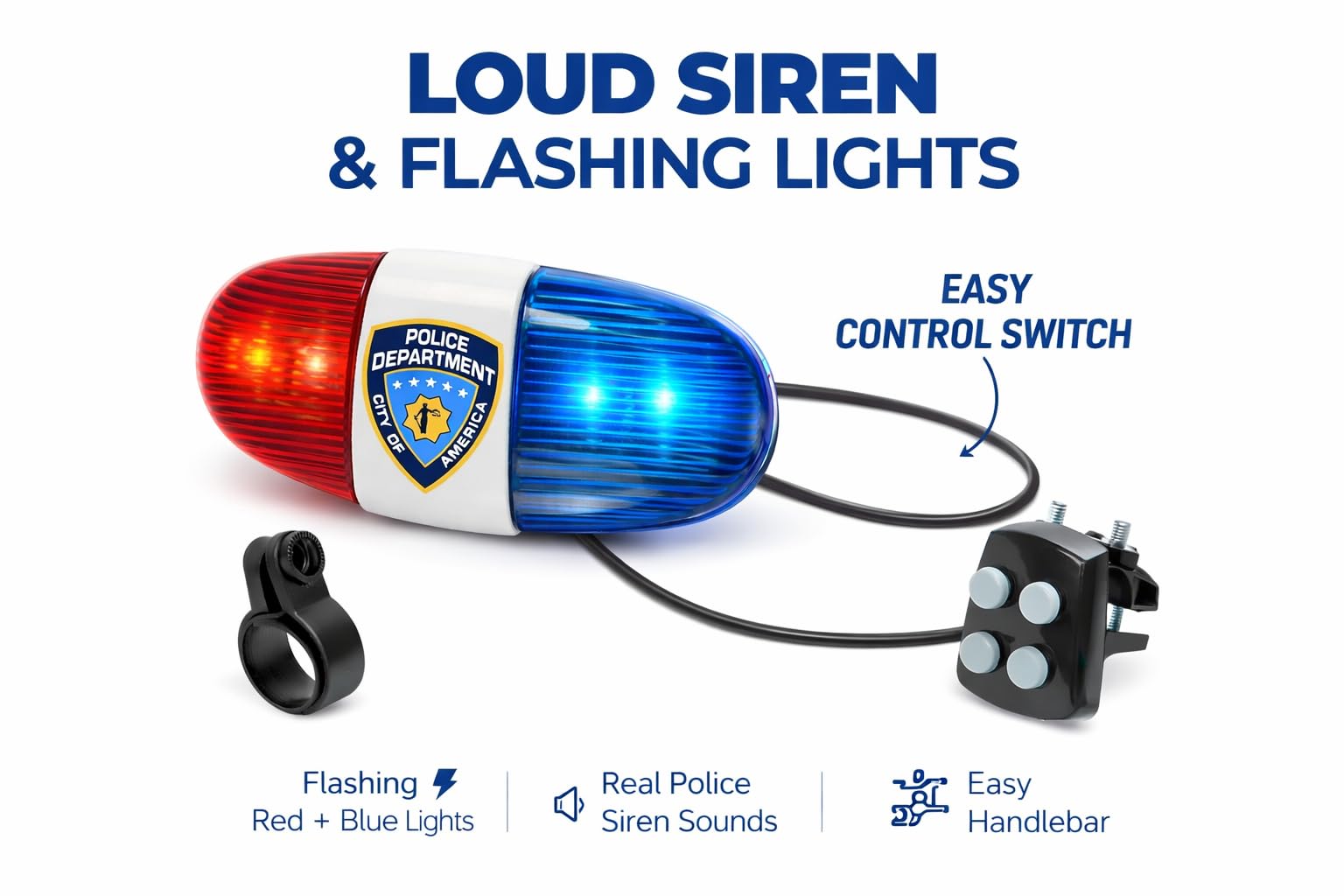 Kids Bike Tech światło LED - Police Dźwięk Światło Elektroniczny Horn - Bicycle Syrena, 5 LED 4 Dźwięki trąbki światło