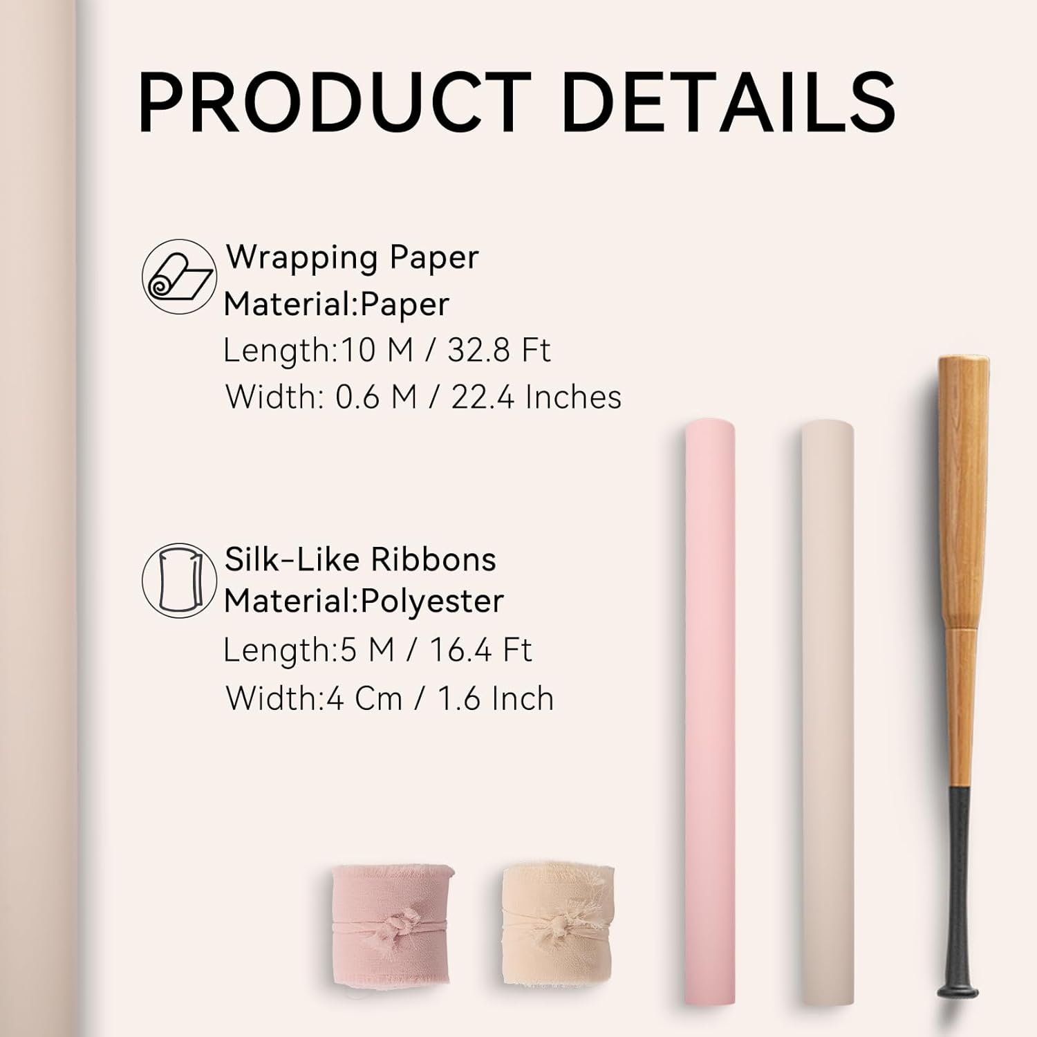 Fuyoooo Pink & Champagne Wrapping Paper Set with Ribbon, 2 Rolls 22.4 in x 32.8 ft Pearly Lustre Gift Boxes Wrapping Paper with 16.4 ft Ribbon for Flower Bouquets, Wedding Baby Shower Birthday Party