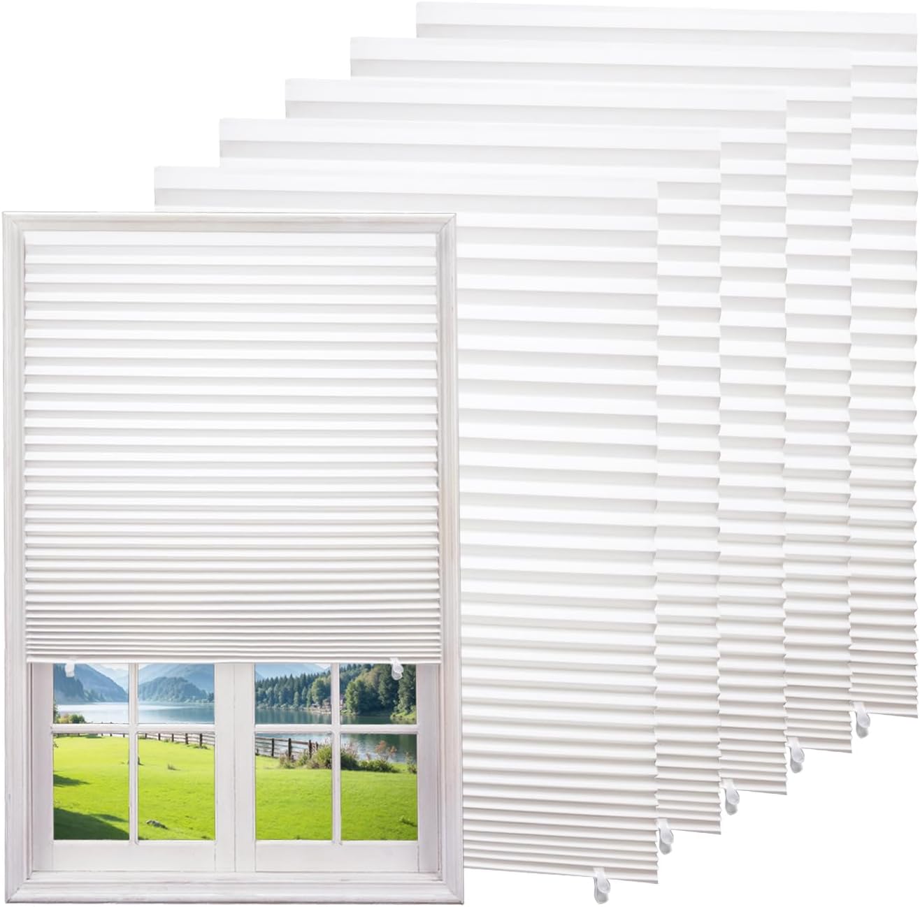 Changshade 6-Pack Temporary Pleated Paper Blinds for Window, Cut to Size Adhesive Paper Shades, Portable Room Darkening Stick on Pleated Blinds, No Drilling and Easy to Install, 48" W x 72" H, White White 48"W x 72"H