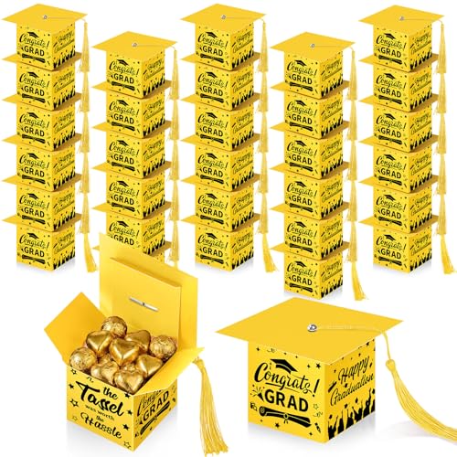 TaoBary 30 Pcs Graduation Cap Candy Box 2026 Graduation Decorations Party Favors Gifts Grad Cap Box with Tassel for Candy Chocolate Biscuit Supplies(Yellow)