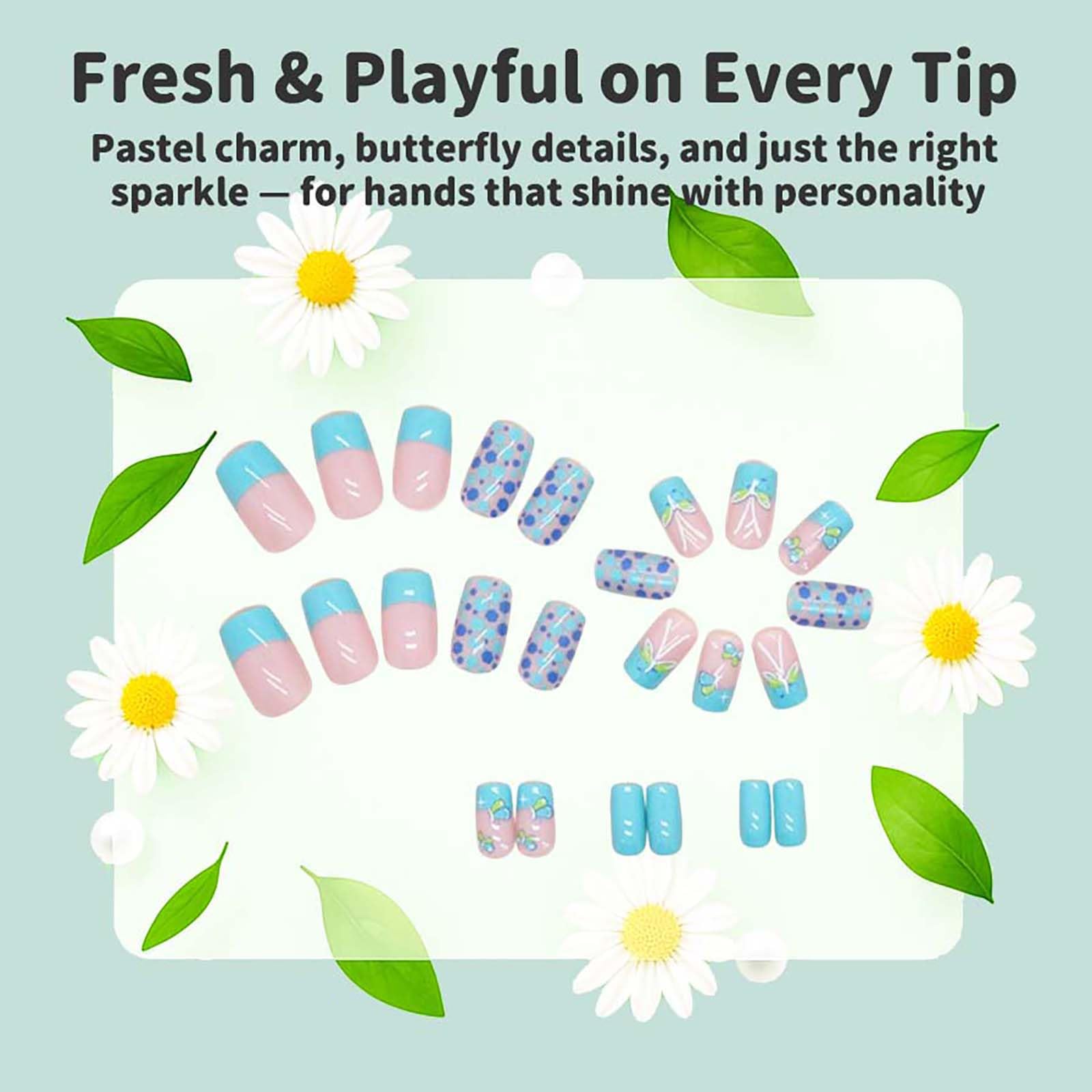 24Pcs Blue Butterfly Glitter Press on Nails with Square French Tip - Image 4