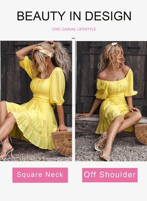 Dokotoo Womens Summer Dresses Square Neck Tie Back Lantern Sleeve Ruffle A-Line Casual Dress: Small 8a Yellow