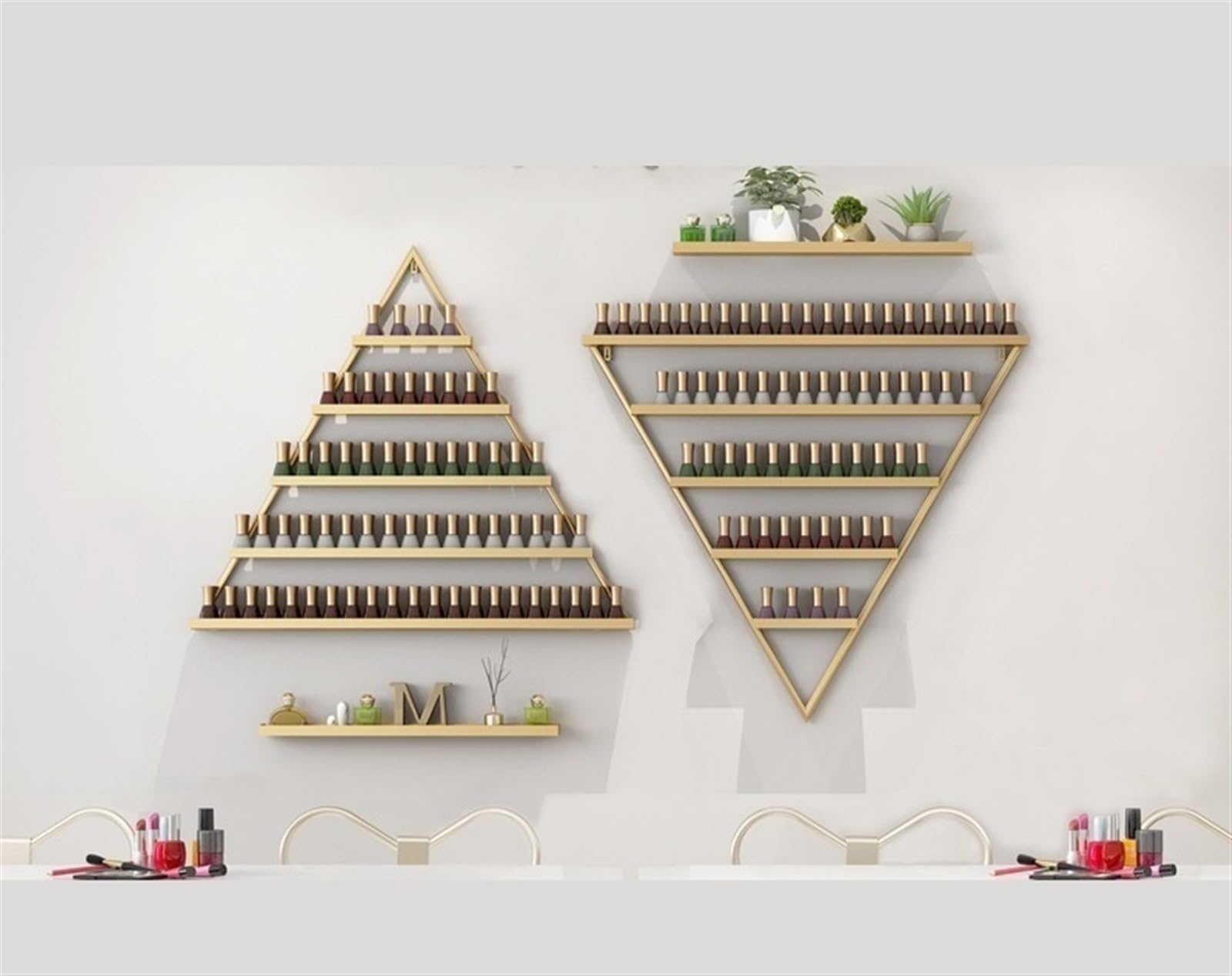 Nail Polish Rack Wall Mounted Perfume Organizer Shelves, Triangular Display Rack Cosmetic Display, 5-Layer Wall-Mounted Nail Polish Storage Box(Gold)