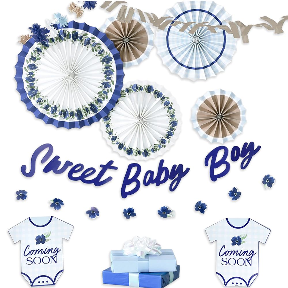 Photo 1 of Baby In Bloom Room Pleated Blue & Gold Decorating Kit - 16" (11-Piece Set) | Unique Paper Party Supplies for Memorable Celebrations