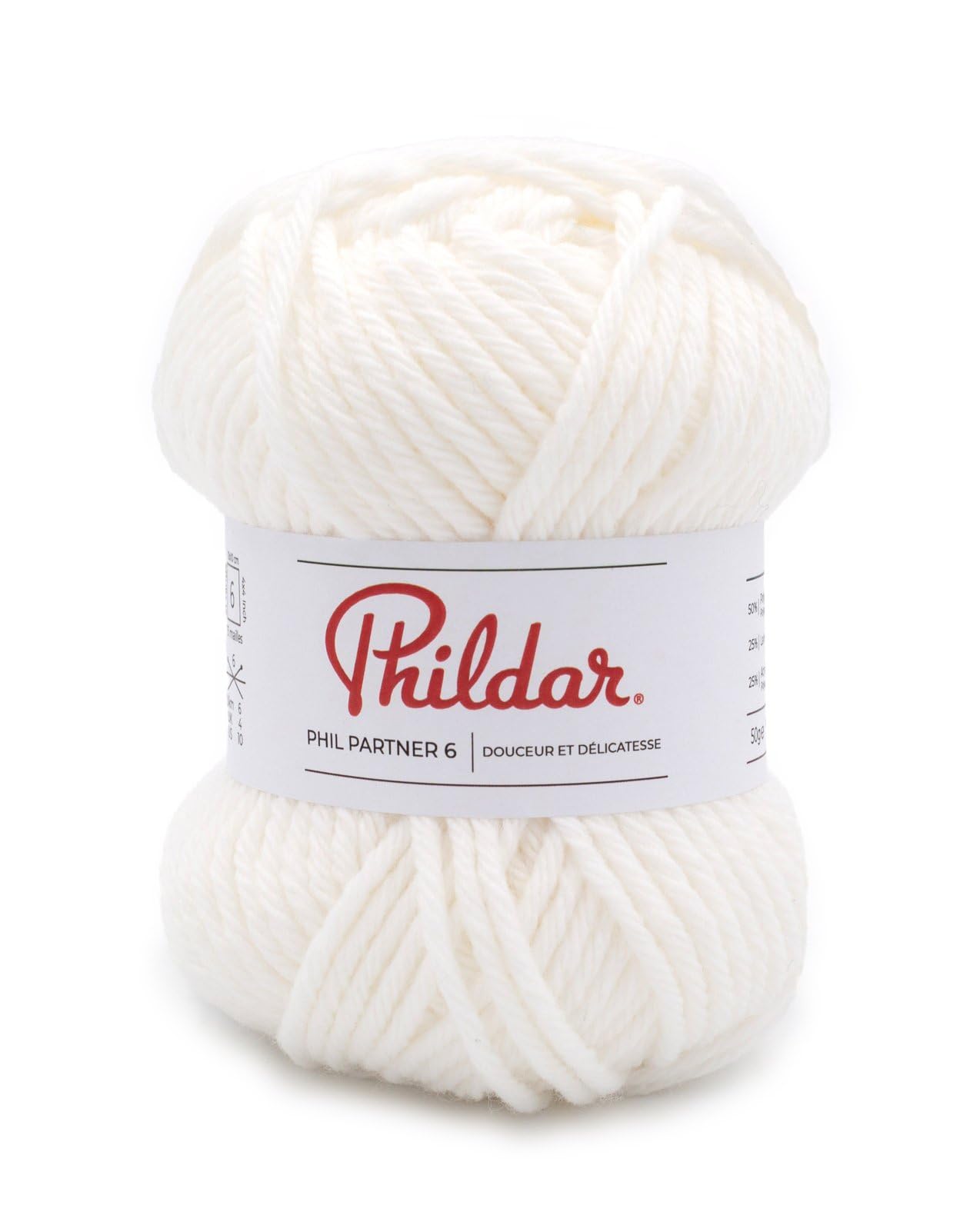 Phildar - Pelote de Laine Phil Partner 6 - Laine à Crocheter et à Tricoter - 25% ACRYLIQUE,​50% POLYAMIDE,​25% LAINE PEIGNEE - Aiguille n°6 - Couleur BLANC