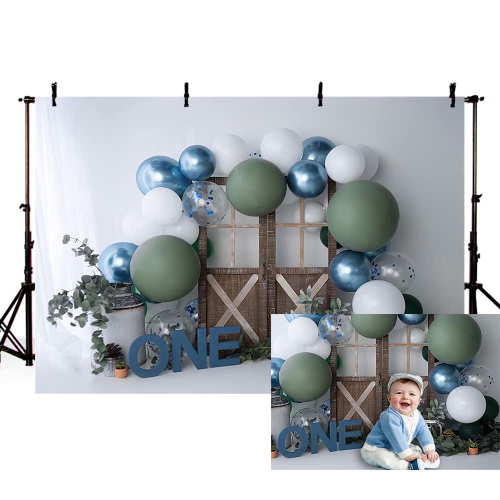 MEHOFOND 8x6ft 1st Birthday Backdrop for Boys Rustic Cake Smash Photography Background Blue Balloons Photo Props One Year Old Birthday Party Decoration Photo Shoot Studio
