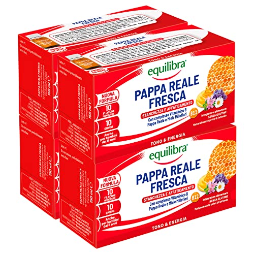 4x Equilibra Integratore Pappa Reale Fresca con Vitamina B e Miele Millefiori per Stanchezza e Affaticamento Senza Glutine e Lattosio - 4 Confezioni da 10 Flaconi