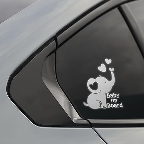 Baby on Board Elephant Car Sticker Decal, Cute Reflective Vinyl Auto Safety Warning Signs Decals Decoration, Waterproof Cars Stickers Accessories for Bumper Laptop Wall (Silver)