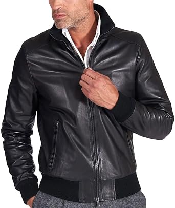 Crafter Mens Classic Lightweight Flight Style Bomber Zip Up Motorcycle With Stand Collar Genuine Leather Jacket For Men