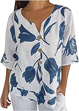 Linen Shirts for Women UK V Neck Short Sleeve Blouses Cotton Linen Shirt Vintage Floral Tshirts Casual Loose Button Tunic Tops Long Length Summer Plain Boho Tee T Shirts Plus Size 22