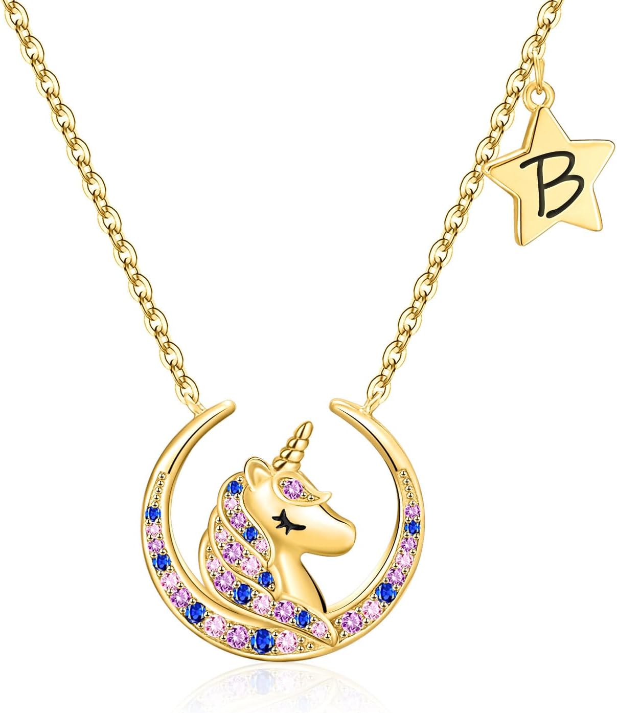 XINIYUGGR Unicorns Gifts for Girls Kids, 16K Gold/White Gold Plated Colorful Moon Stars Pendant Unicorn Necklace for Girls Jewelry Initial Necklace Birthday Christmas Gifts