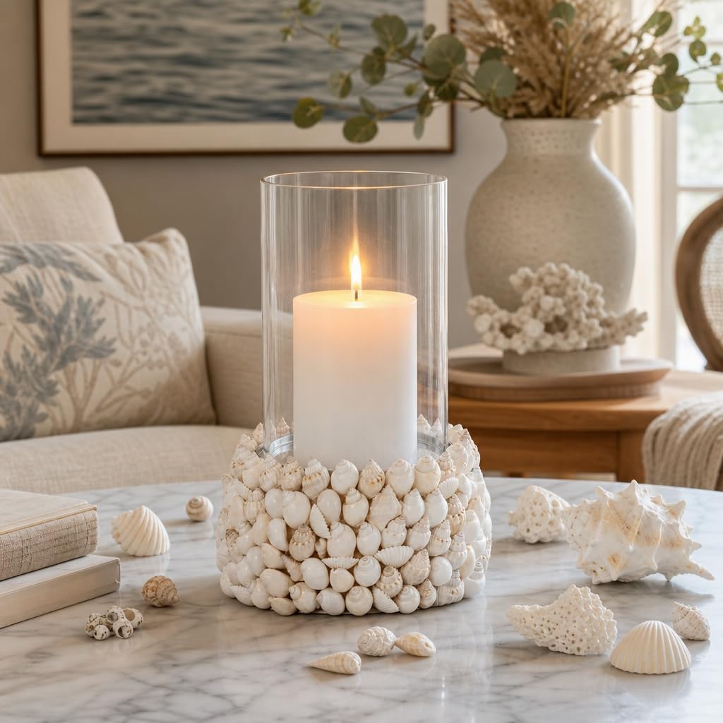 Sagebrook Home Elegant Seaside Shell & Glass Candle Holder Decor Piece
