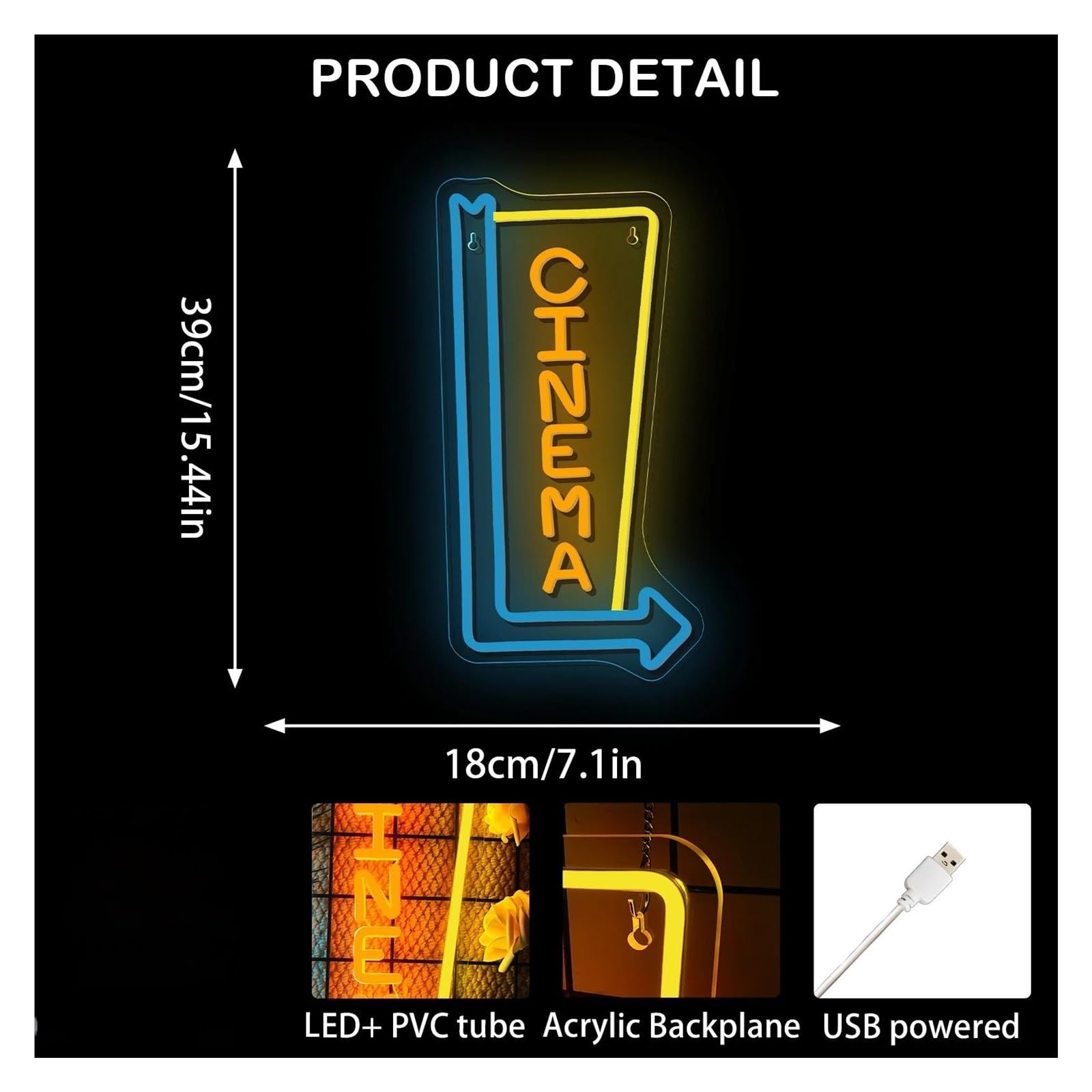 Decoración Lámparas Letreros De Neón Cinema Con Flecha Direccional Y Luz Regulable Para Cine En Casa, Entrada, Sala De Cine, Decoración De Pared, 18cmx39cm