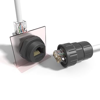 AOHUA IP68 Waterproof RJ45 Coupler 4-Pack - 90 Panel-Mount Shielded Ethernet Connector Extender with Dust Cap Cover for Cat5/Cat6/Cat7 Internet Cables AH-RJ45-M21F90