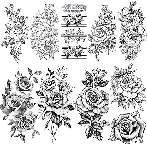 VANTATY 9 Sheets Charm Peony Rose Flower Temporary Tattoos for Women Body Art
