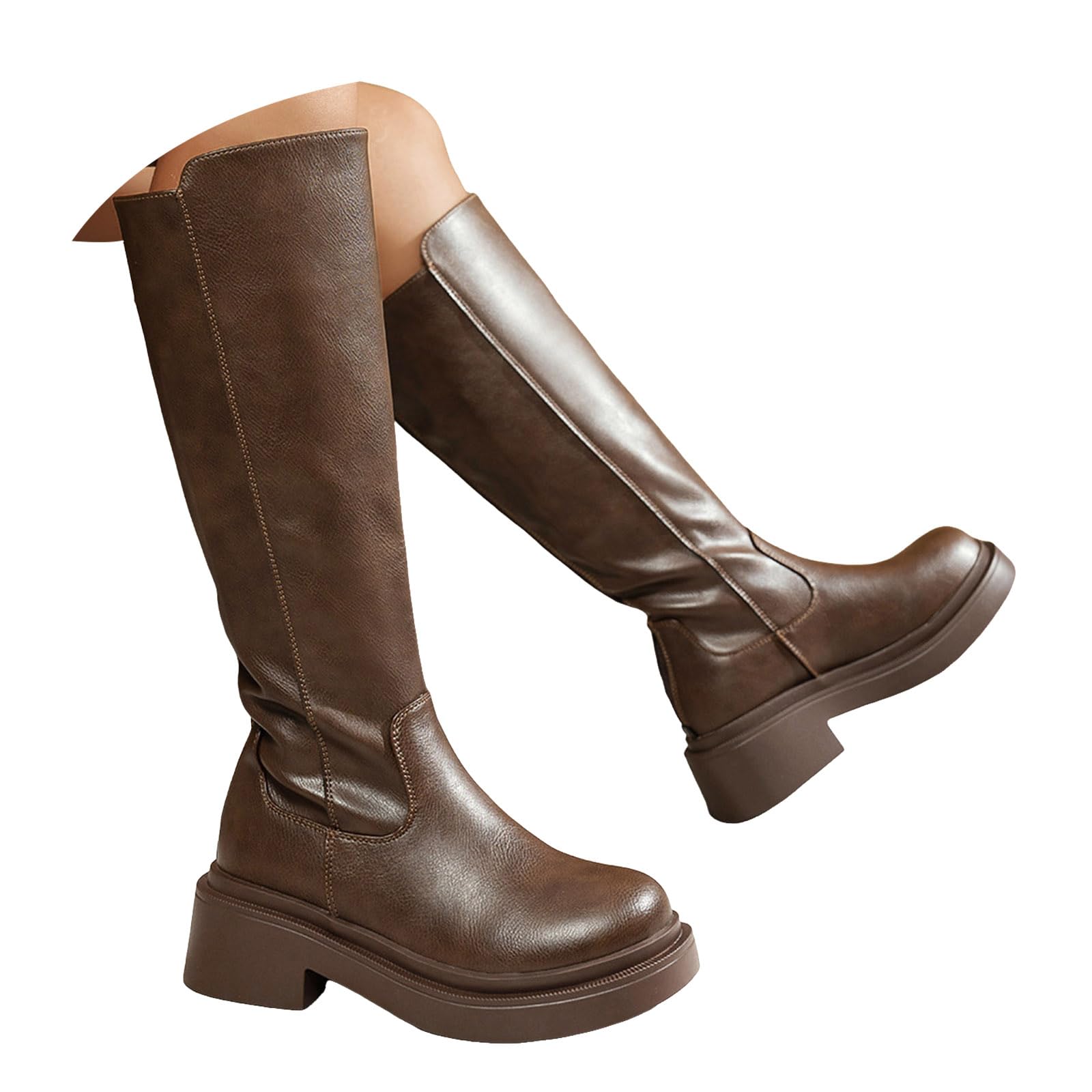 ZSpzx Women Platforms Knee High Boots Leather Wide Calf Chunky Block Heels Back Zipper Square Toe Solid Color