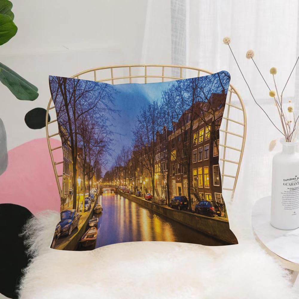 HYOSXW Cushion Cover,Throw Pillow Case Home Decorative for Living Room Bedroom Sofa Chair 16X16 Inch,Canal, Canal in the West Amsterdam, night view,Pillowcase 40X40cm