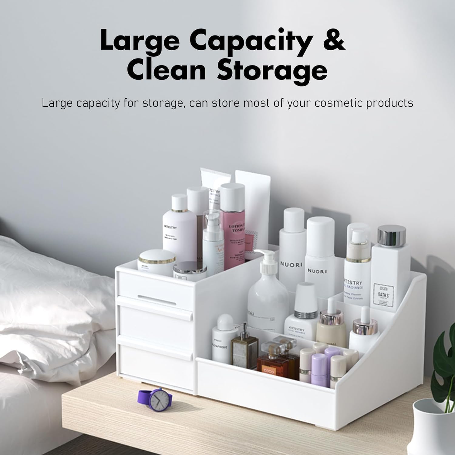 Feinerman Makeup & Skincare Organizer Box with 2 Drawers & Compartments - Lipsticks, Brushes, Eyeshadows, Lotions, Nail Polish, & Stationery Holder Vanity Box 1