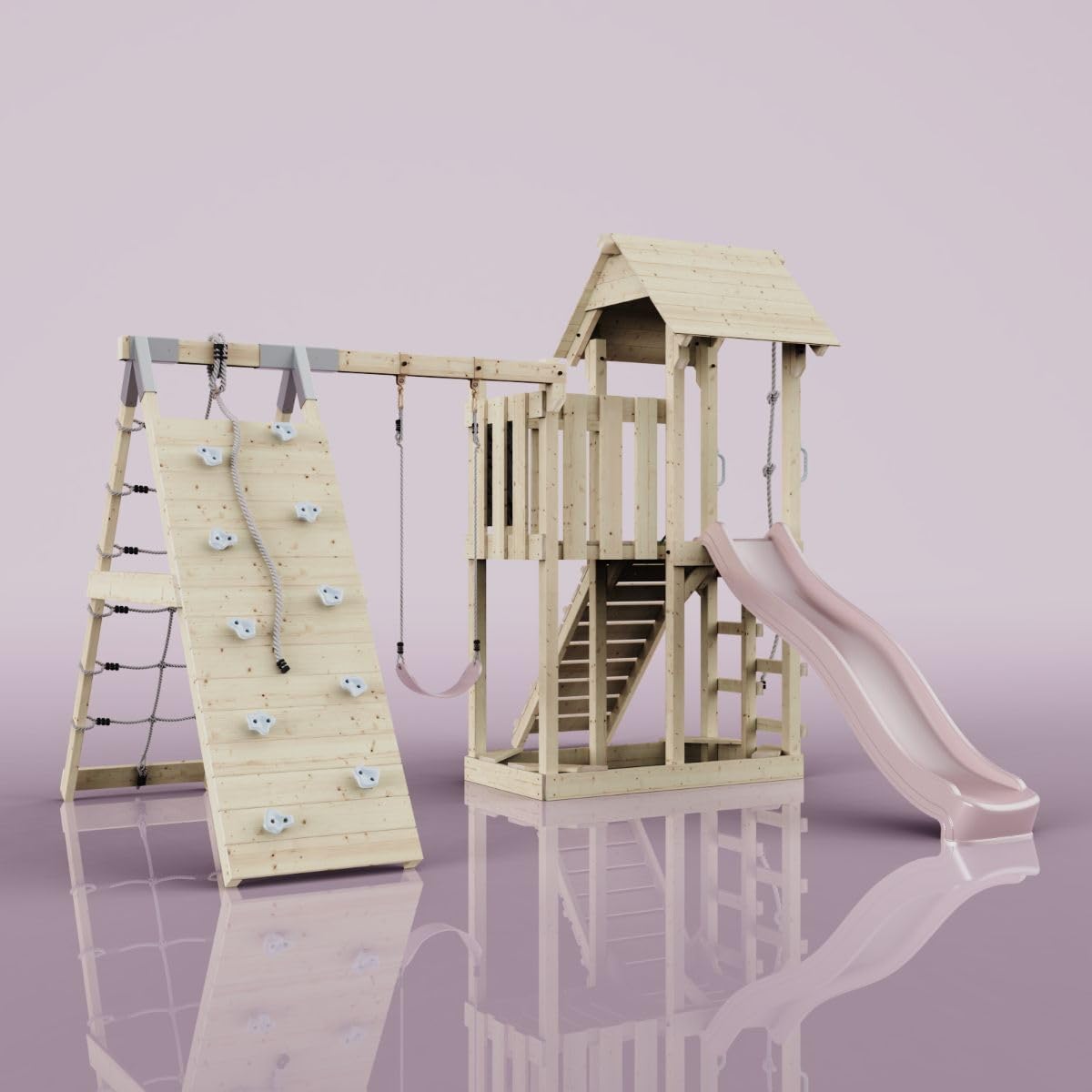 ReboOutdoor Spielturm mit Wellenrutsche, Klettergerüst mit Kletterturm, Kletterwand und Klettwernetz,Altrosa