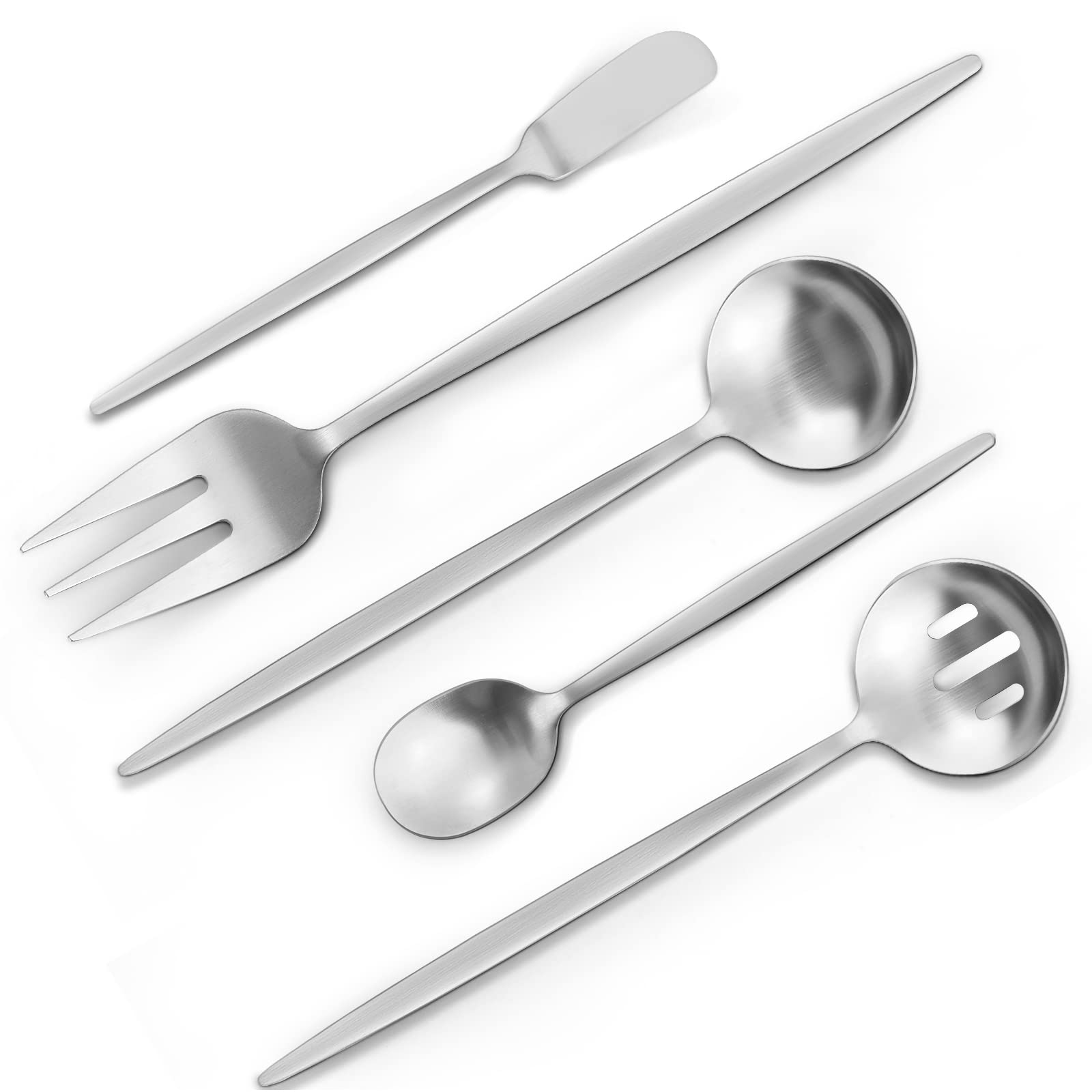 VANVRO Matte Serving Silverware Set, 5-Piece Round Shared Utensils Set of Stainless Steel, Hostess Flatware Serving Set, Satin Finish, Dishwasher Safe