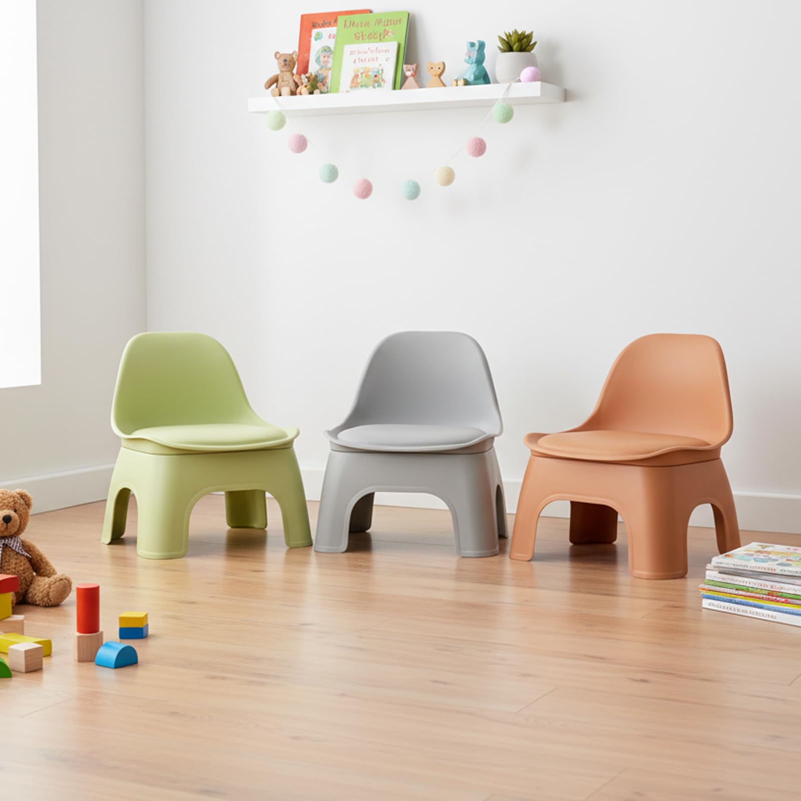 Runder Kunststoff Hocker mit Rückenlehne, Rutschfester Tritthocker für Kinder & Erwachsene, Stabiler Niedriger Sitzhocker für Wohnzimmer, Kindergarten, Bad & Haushalt (Orange)