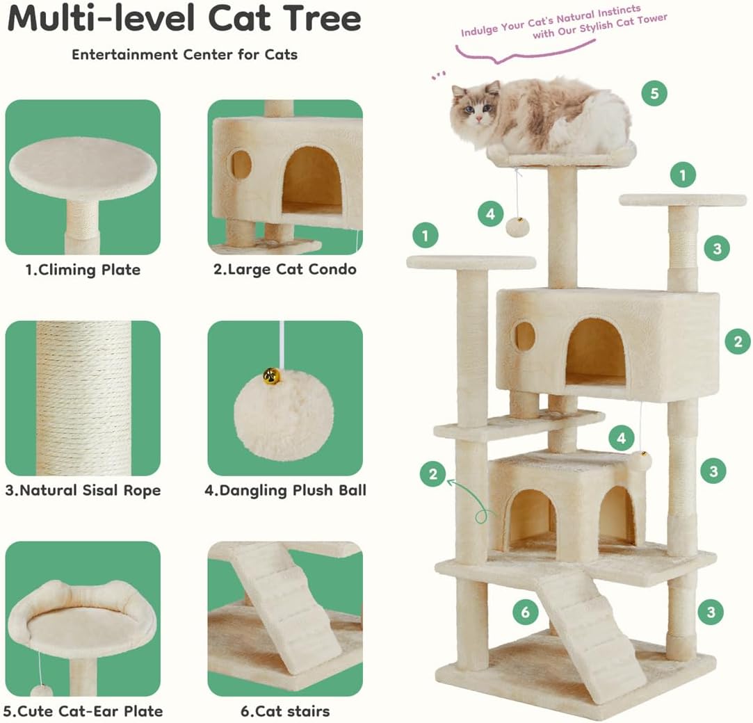 Cat Tree 54in Multi-Level Cat Tower with Sisal Scratching Post, Large Condo, Climbing Ladder for Kitten Indoor, Beige
