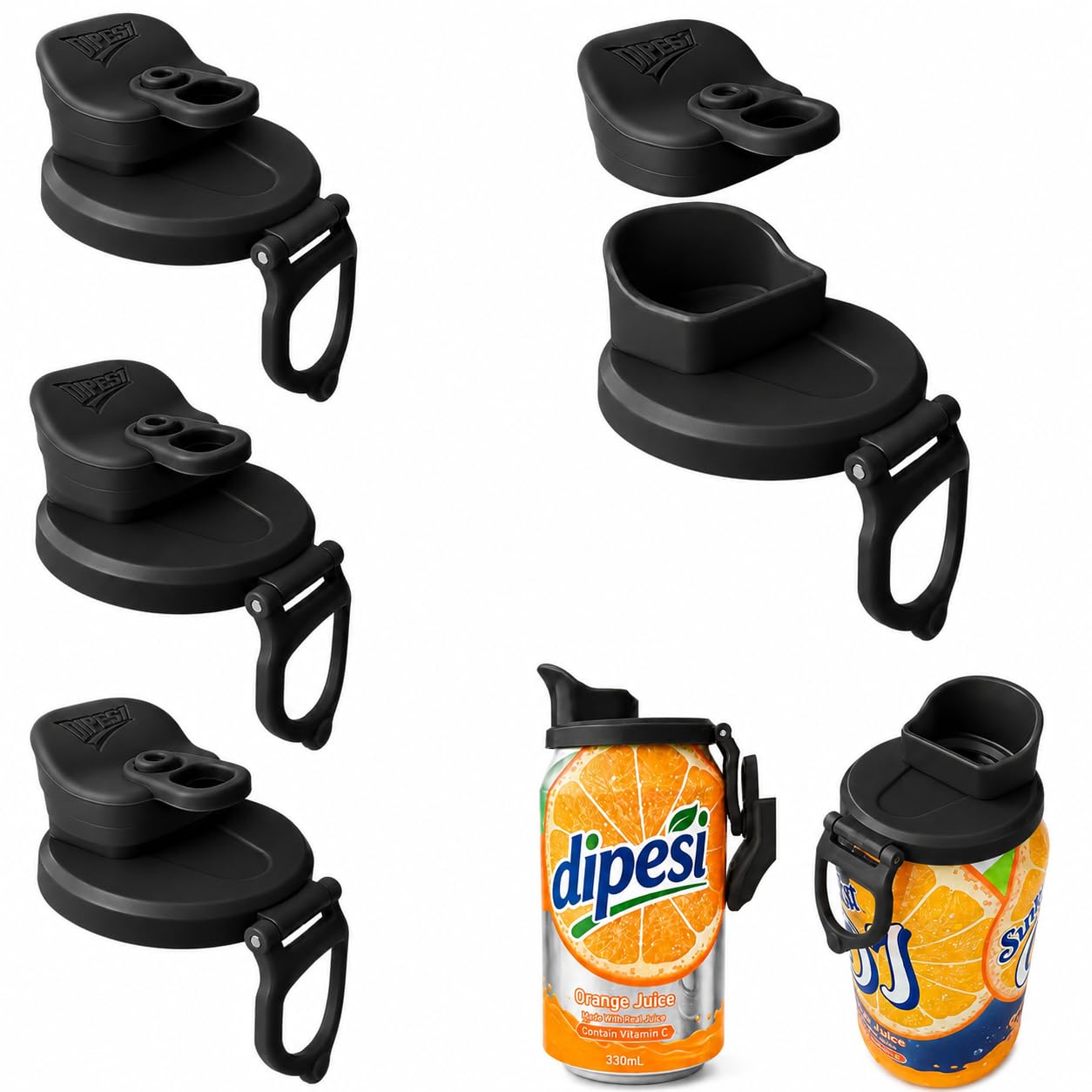 DIPESI FlowSip Soda Can Lid 4 Pack – Smooth Sloped Sip Design, BPA-Free, Keeps Drinks Fresh &amp; Bug Free, Spill Resistant, Fits Standard Soda Cans for Beach, BBQ &amp; Parties (4 Black)