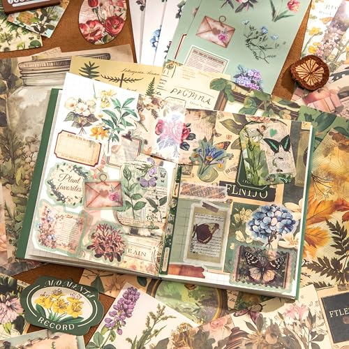 Image of Scrapbooking Supplies Kit, Vintage Botanical Aesthetic Scrapbook Kit for Bullet Junk Journal, Stationery, A6 Grid Notebook, Flower DIY Journaling Supplies, Birthday Craft Gift for Women Craft Lover