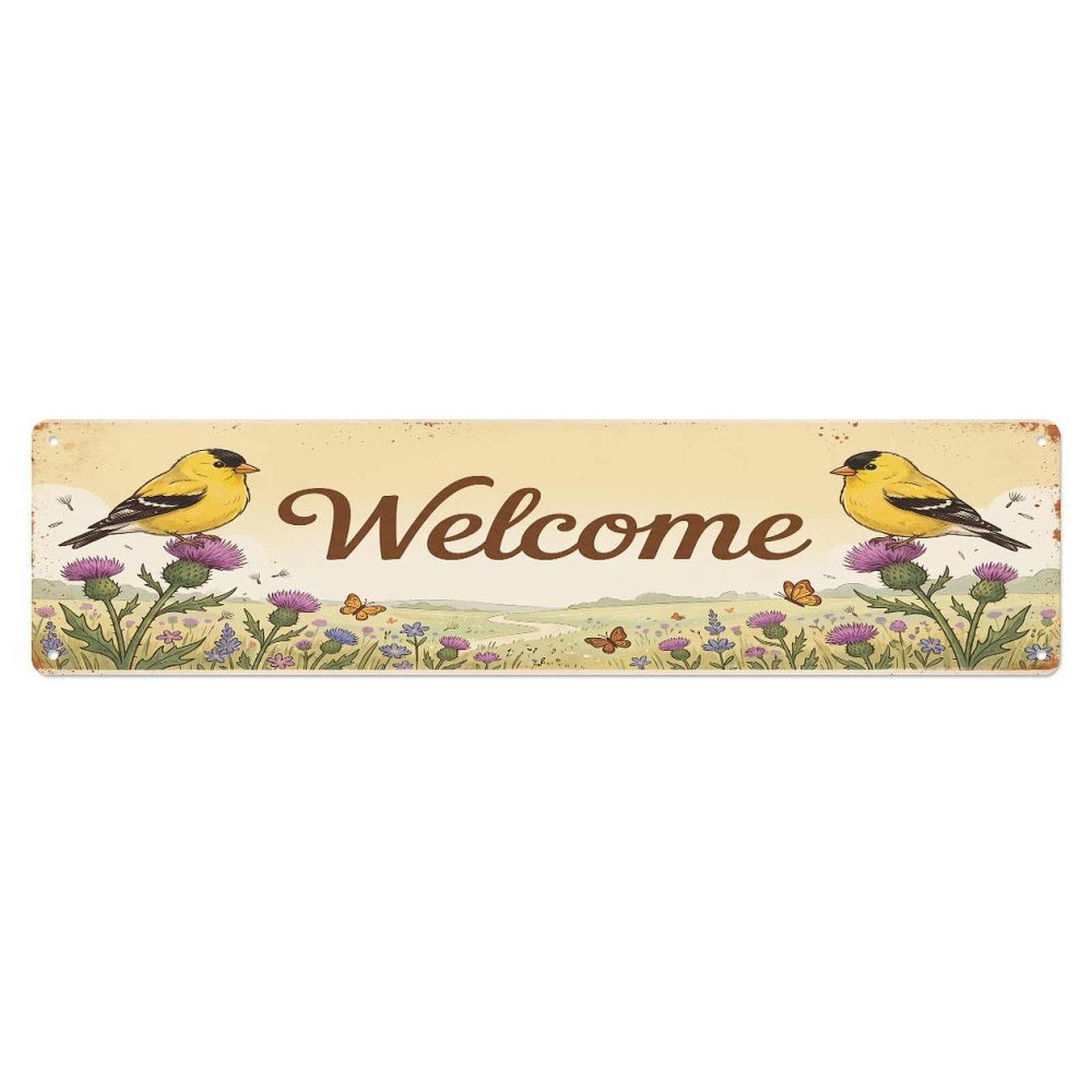 Cxhjca 4X16inch(10X40cm) Vintage Welcome Goldfinch Thistle Metal Tin Sign