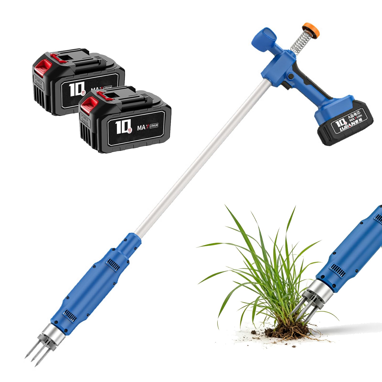 Arrancador Eléctrico De Maleza, Herramienta Inalámbrica De Pie De 400 W Para Eliminar Maleza Con 2 Baterías, Cabezal De Acero De 3 Garras, Herramienta De Mango Largo Para Césped, Patio Y Jardín