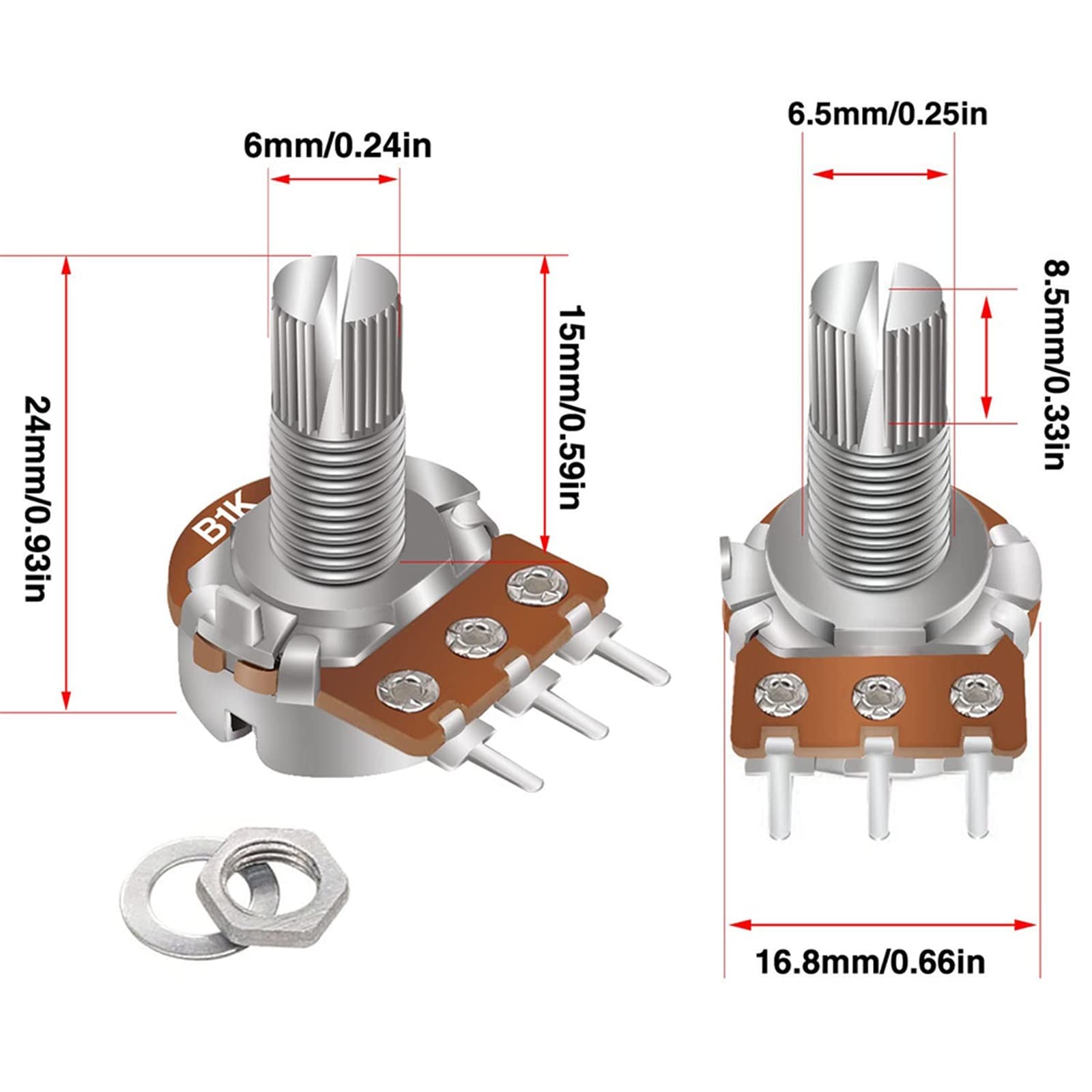 Accesorios de bricolaje 50 Uds. Potenciómetros lineales de 15mm WH148 100K-1M Ohm eje de resistencias variables interruptores cónicos de película de carbono giratorios de un solo giro de 3 pines ( Siz