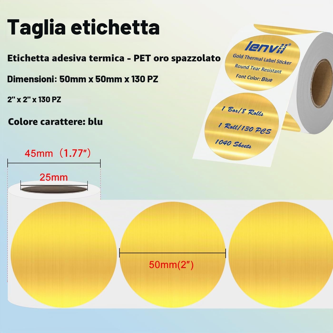 LENVII Carattere Blu 50mm x 50 mm (2" x 2") Etichette Termiche Rotondo Dorate 1040 Fogli - 8 Rotoli × 130, Adesivi Resistenti a Strappi/acqua/Olio/Graffi per Loghi, Etichettatura di Prodotti/Regali