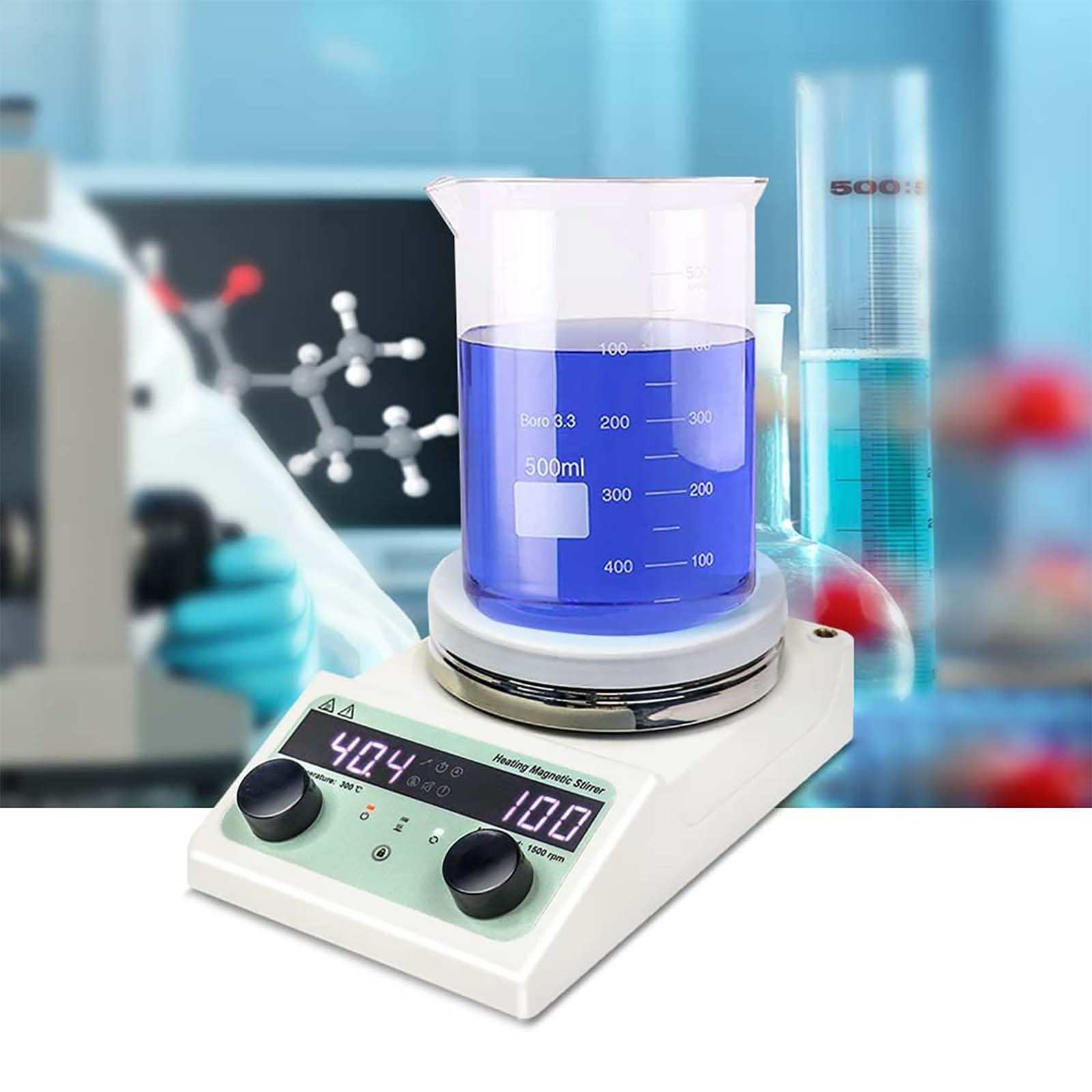 Agitador magnético Digital de Placa calefactora con función de temporización, Placa de agitación de Laboratorio con Barra agitadora y Sensor de Temperatura, 100-1500 RPM, Mezclador