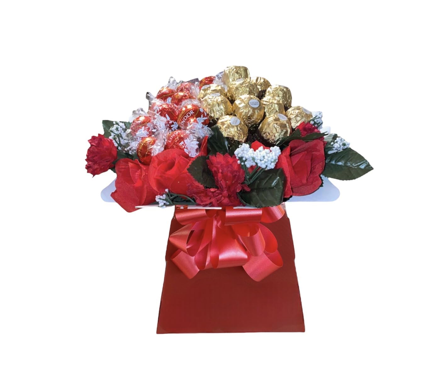 Red Chocolate Bouquet Ferero Rochr hamper Birthday gift box Lind Lindr personalised gold Rose Flowers (Small)